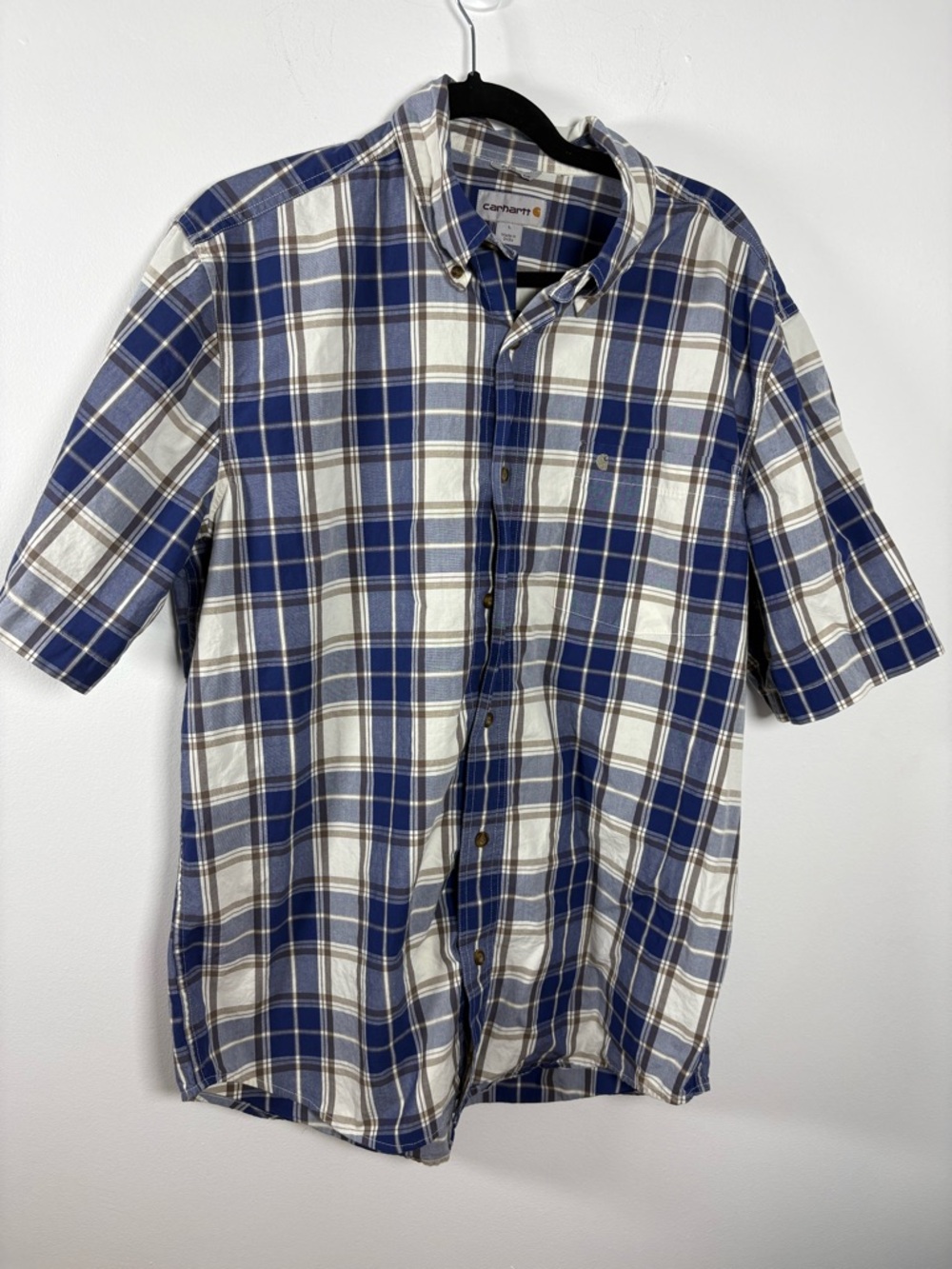 Carhartt Men’s Blue, White & Brown Plaid Short-Sleeve Button-Down Shirt